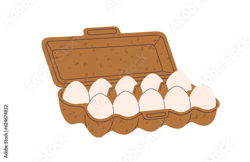 Chicken eggs in cardboard package, packed in carton paper container. Fresh raw healthy food product, breakfast nutrition in shell, eggshell. Flat vector illustration isolated on white background