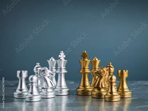 Cuadro en lienzo Set of golden and silver chess pieces element, king, queen rook, bishop, knight, pawn standing on hexagon pattern chessboard on blue background