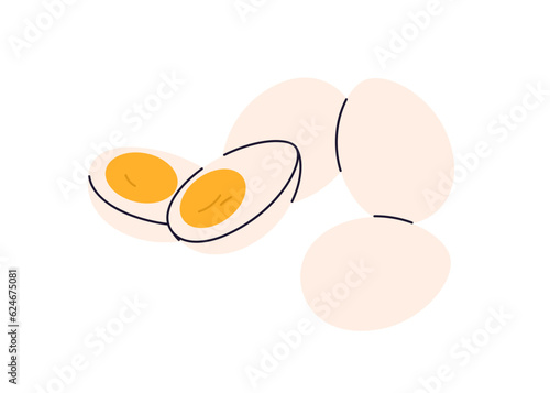 Boiled cooked chicken eggs, whole peeled and cut halves with protein and yell...