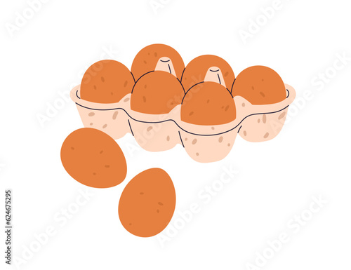Chicken eggs in cardboard tray. Whole fresh raw food product in paper box, storage package, holder. Healthy snack with brown shell, eggshell. Flat vector illustration isolated on white background