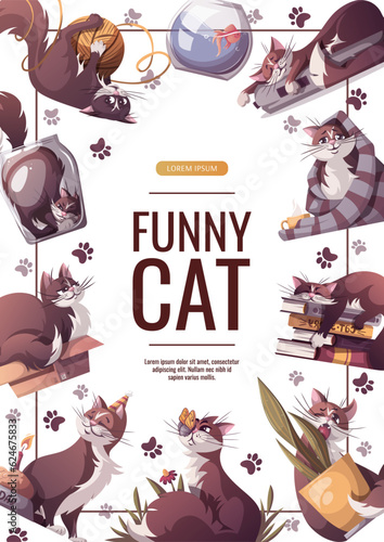 Flyer design with funny cats. Pet, kitty, kitten, animal, domestic life, veterinary concept. A4 Vector illustration for poster, banner, advertising, sale.