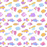 Colorful seamless pattern with different ocean fish in flat hand drawn style. For design, textile, background