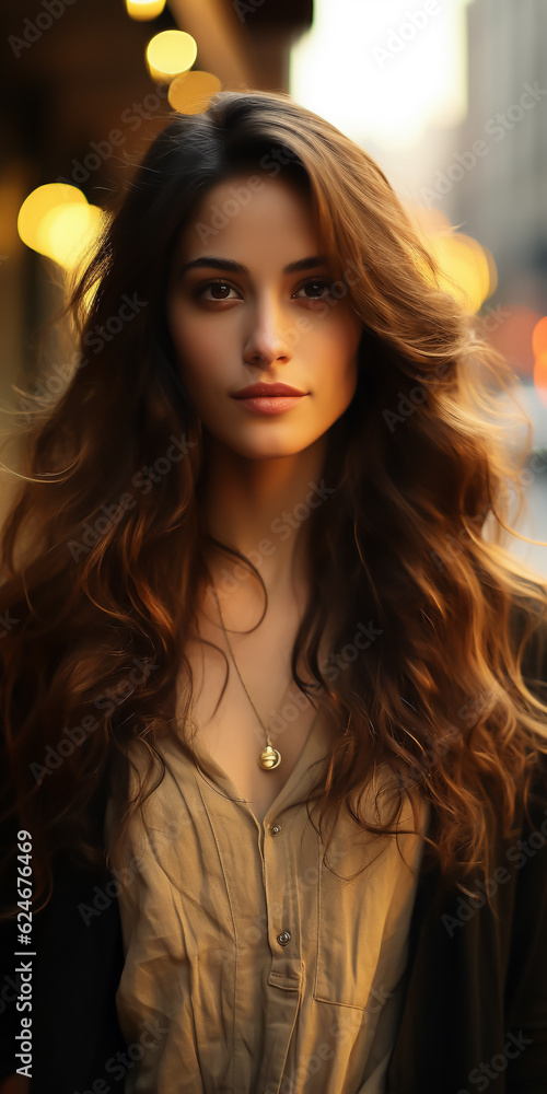 Portrait beautiful woman with long hair against urban blurred background - fashion, fashion theme, hair - Generative AI