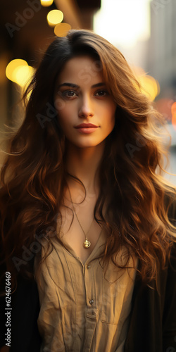 Portrait beautiful woman with long hair against urban blurred background - fashion, fashion theme, hair - Generative AI