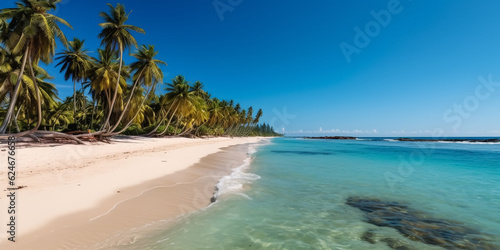 Tropical island or beach with palm trees, turquoise sea - theme vacation, travel or travel agency - Generative AI © Steffen Kögler