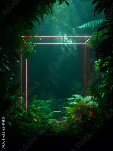 The glowing neon square in the jungle with day light from above. Creative copy space design. 