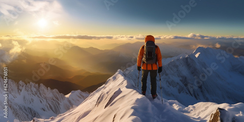 Climber on the way to the top of the mountain - panoramic mountain view with sunrise - theme success, motivation and perseverance - Generative AI