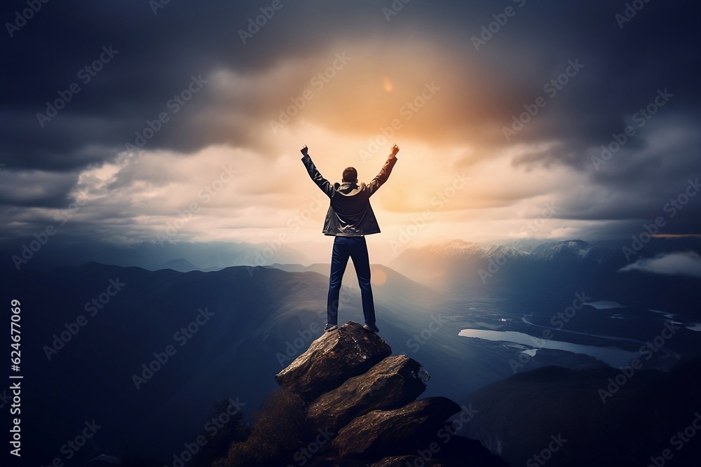 a man standing on top of a mountain with his arms in the air a man standing on top of a mountain with his arms in the air