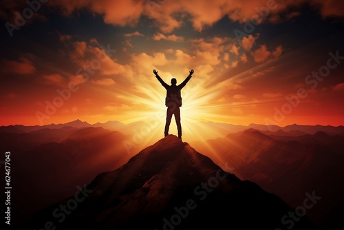 A silhouette of a person standing on a mountaintop, arms outstretched towards th Fototapet