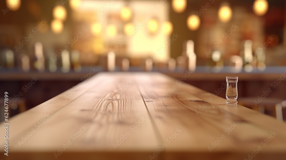 an empty tabletop podium in a restaurant with a blurred background with a copy of the evening bar space. Generative AI an empty tabletop podium in a restaurant with a blurred background with a copy of the evening bar space. Generative AI