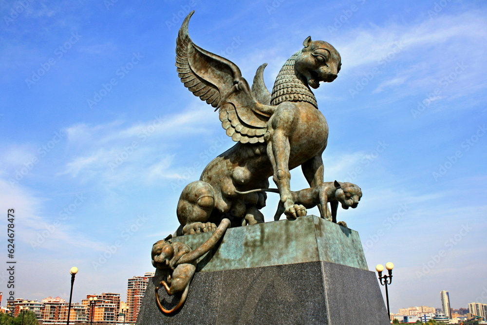 Kazan, Republic of Tatarstan, Russia - 08.24.2021. Winged Leopard sculptures near the Kazan Family Center