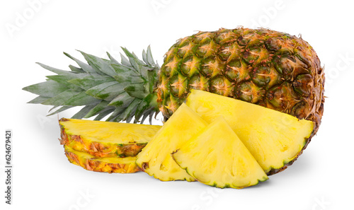 Whole and cut ripe pineapples isolated on white