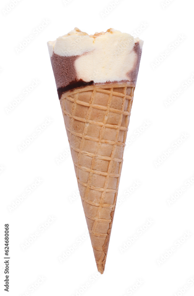 Delicious ice cream in waffle cone isolated on white, top view Delicious ice cream in waffle cone isolated on white, top view