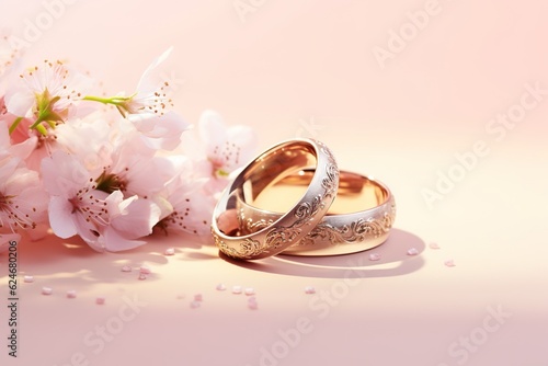 Wedding rings with seamless flower decorations, levitation,rainbow palete,white lighting on pink pastel background © JetHuynh