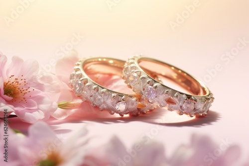 Wedding rings with seamless flower decorations, levitation,rainbow palete,white lighting on pink pastel background