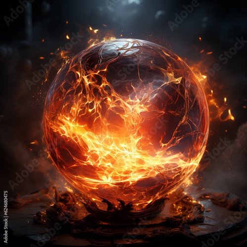 A glowing hot sphere with flames arround it