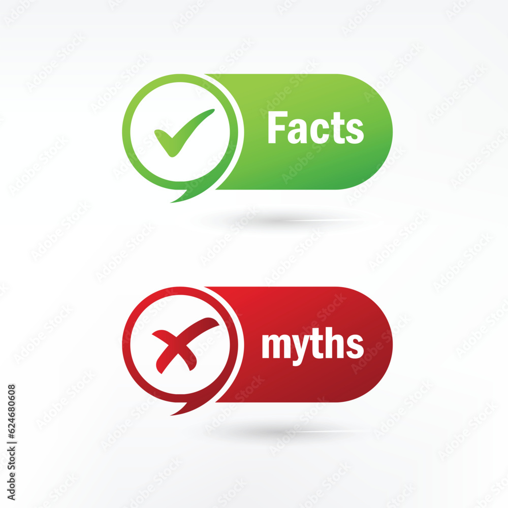 Myths vs Facts Sign. Check Mark and Cross Icon. Vector Illustration. Myths vs Facts Sign. Check Mark and Cross Icon. Vector Illustration.