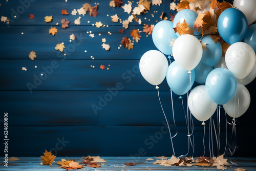 Octoberfest backdrop with colourful blue, white and golden balloons. Inspiration for autumn activities. Created with Generative AI.