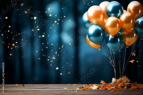 Octoberfest backdrop with colourful blue, white and golden balloons. Inspiration for autumn activities. Created with Generative AI.