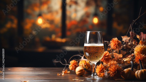 Glass of beer on an Octoberfest inspired background, orange and golden colours, copy space. Created with Generative AI.