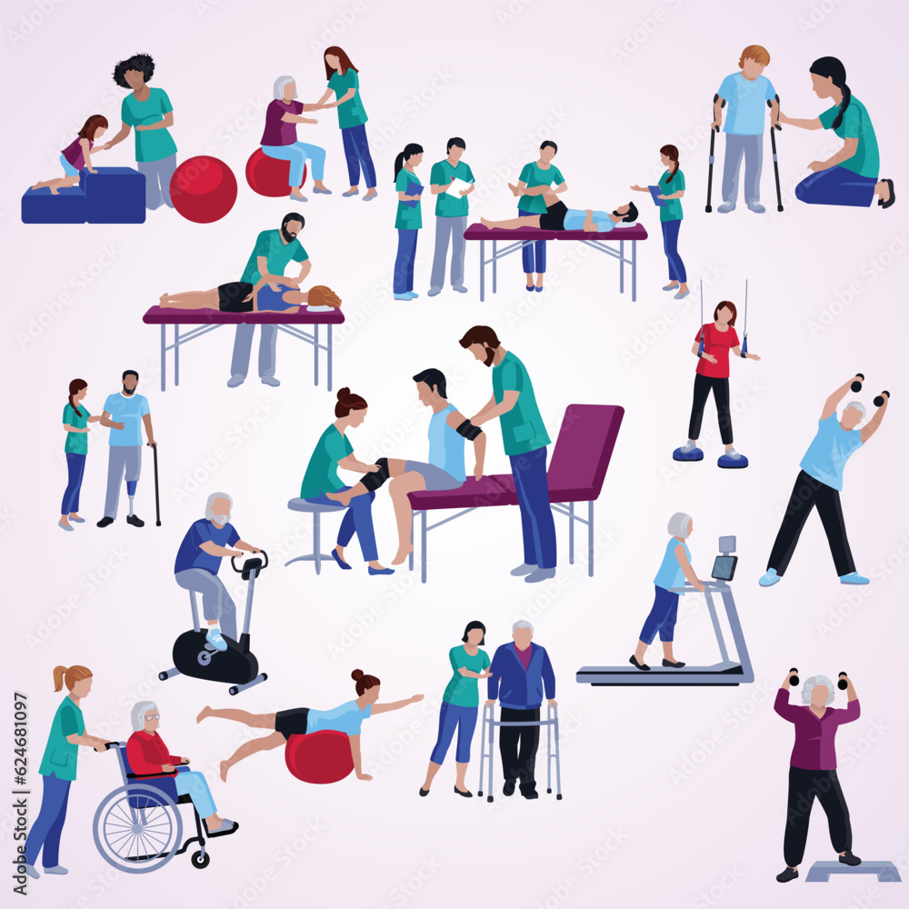 physiotherapy rehabilitation people flat icons collection
