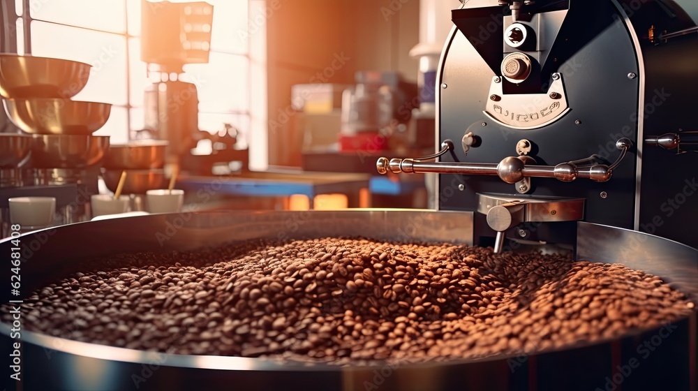 Coffee roaster, Aromatic coffee beans situating in modern equipment with grain chiller. Coffee Bean Roaster Machine. Industry concept. Generative Ai