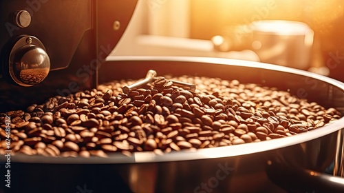 Arabica or Robusta coffee beans, Coffee roaster, Aromatic coffee beans situating in modern equipment with grain chiller. Coffee Bean Roaster Machine. Industry concept. Generative Ai