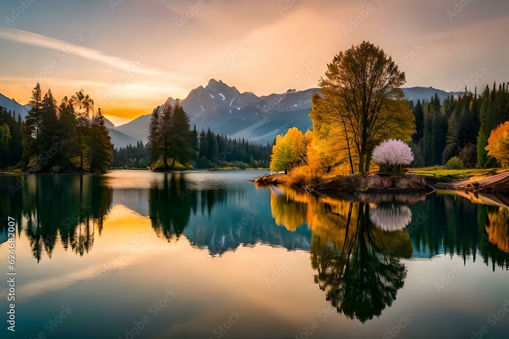 autumn trees reflected in water generated by AI technology