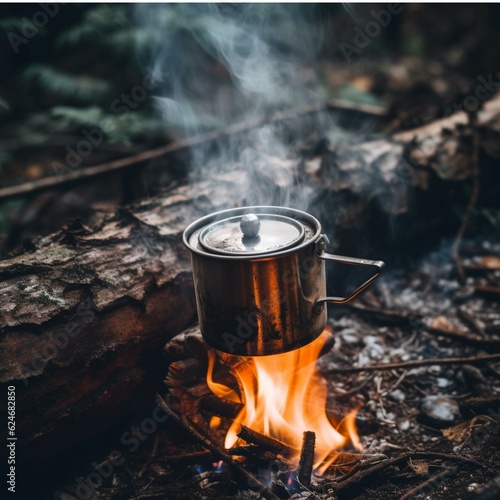 A pot of hot water on a campfire in the forest.