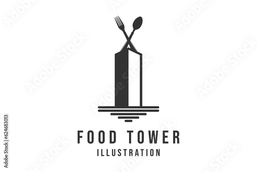 City Town Building Tower with Crossed Spoon and Fork for Cafe Restaurant Food Icon Illustration Vector
