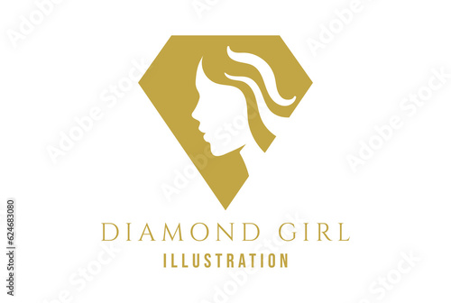 Simple Minimalist Diamond Gem Stone with Beauty Woman Girl Face for Jewelry Icon Illustration Vector
