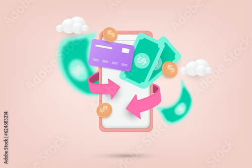 3d cashback and money refund concept. Mobile app with banknotes, coins and credit card icon. 3d vector illustration.