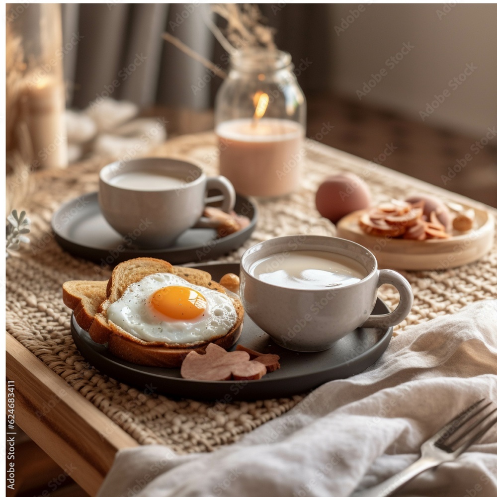 Breakfast in bed in the morning. Fresh fruits, berries, croissants and orange juice. Breakfast in bed in the morning. Fresh fruits, berries, croissants and orange juice.