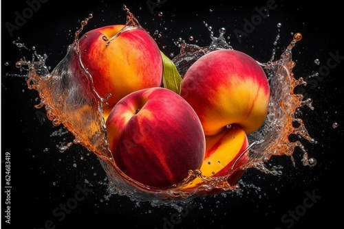 Fresh peach in water splash isolated on black background. Juicy fruit.