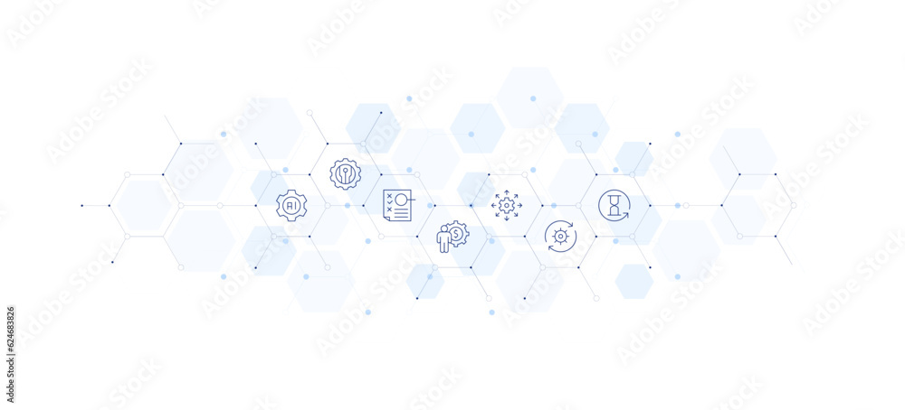 Manager banner vector illustration. Style of icon between. Containing artificial intelligence, new technologies, proofreading, obligation, approach, setup, hourglass.