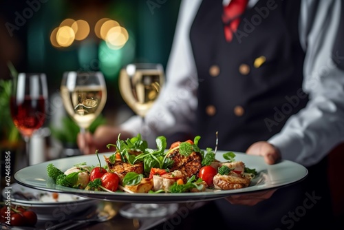 Restaurant menu. Chefs hands holding plate with salad and wine