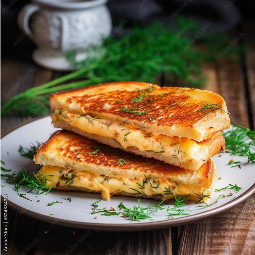 French toast with cheese and herbs on a plate. Selective focus.