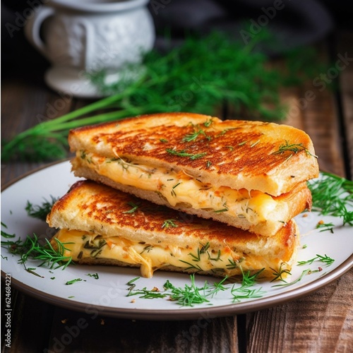 French toast with cheese and herbs on a plate. Selective focus.