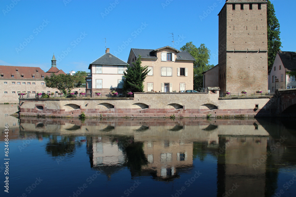 medieval tower (covered bridges) and river ill in strasbourg in alsace (france)