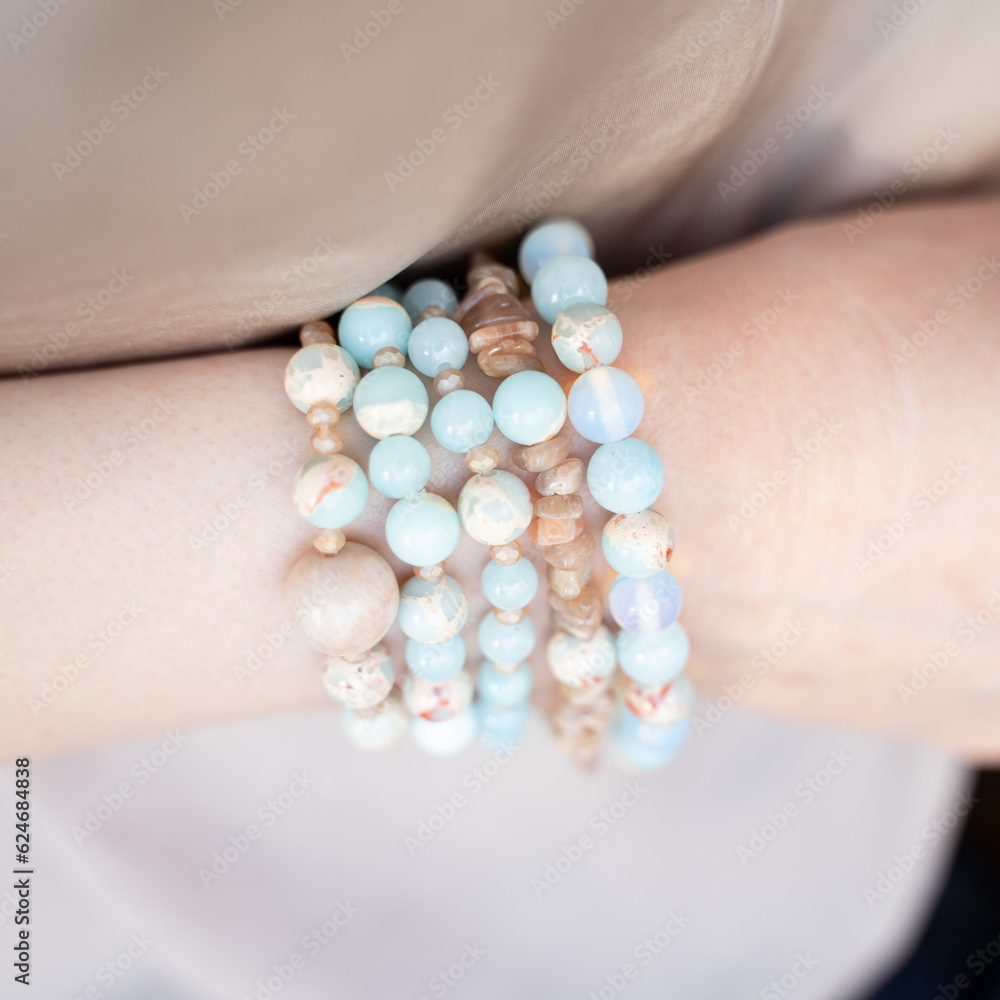 Gemstone beaded bracelet. Energy crystals, healing stone jewelry. Handmade accessories.
Birthstone. Variscite, sunstone, jade.