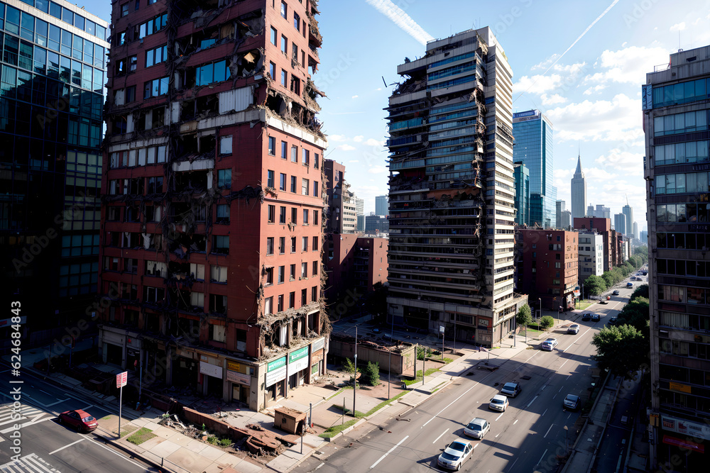 Realistic photo bird view landscape of destructed broken city building and street Realistic photo bird view landscape of destructed broken city building and street