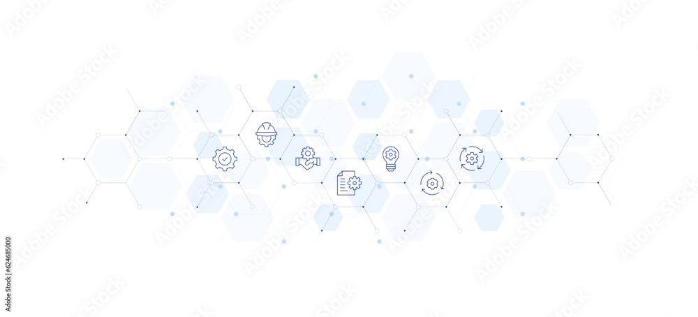 Manager banner vector illustration. Style of icon between. Containing settings, engineering, crm, document, light bulb, recovery.