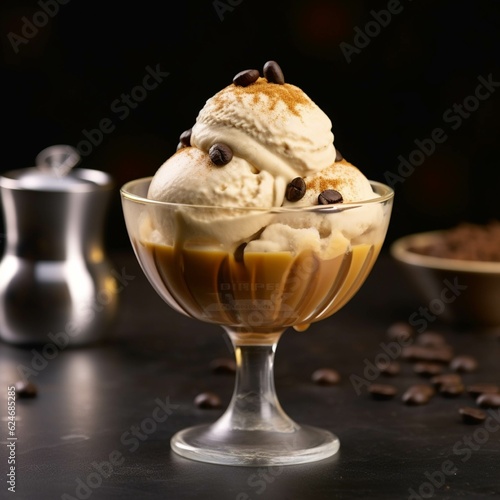 Vanilla ice cream with caramel in a glass on a black background