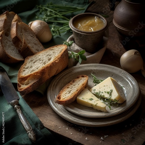 Bread with cheese and herbs on a wooden background. Selective focus