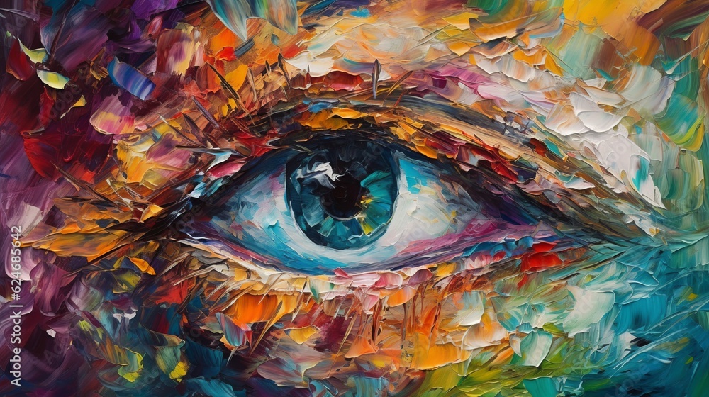 Conceptual abstract picture of the eye. Fluorite Oil painting in colorful colors. Conceptual abstract closeup of an oil painting and palette knife on canvas.AI Generative