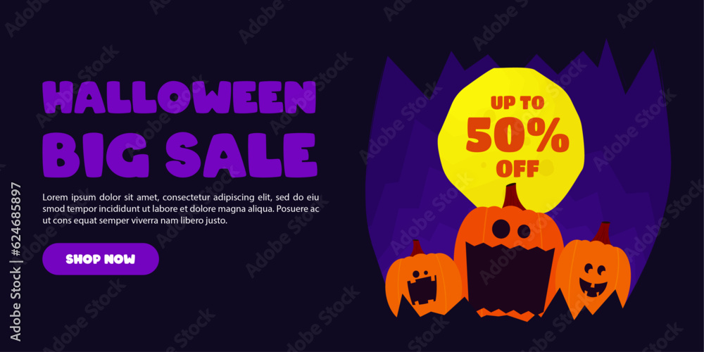 Halloween Sale banner. Vector design for sales promotion on Halloween day with pumpkins, bats, ghosts, haunted house and graveyard decorations. Halloween Sale banner. Vector design for sales promotion on Halloween day with pumpkins, bats, ghosts, haunted house and graveyard decorations.