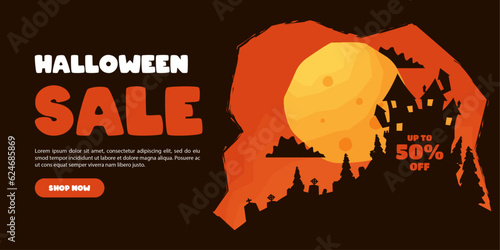 Halloween Sale banner. Vector design for sales promotion on Halloween day with pumpkins, bats, ghosts, haunted house and graveyard decorations.
