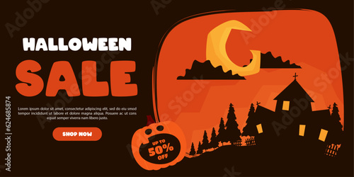Halloween Sale banner. Vector design for sales promotion on Halloween day with pumpkins, bats, ghosts, haunted house and graveyard decorations.