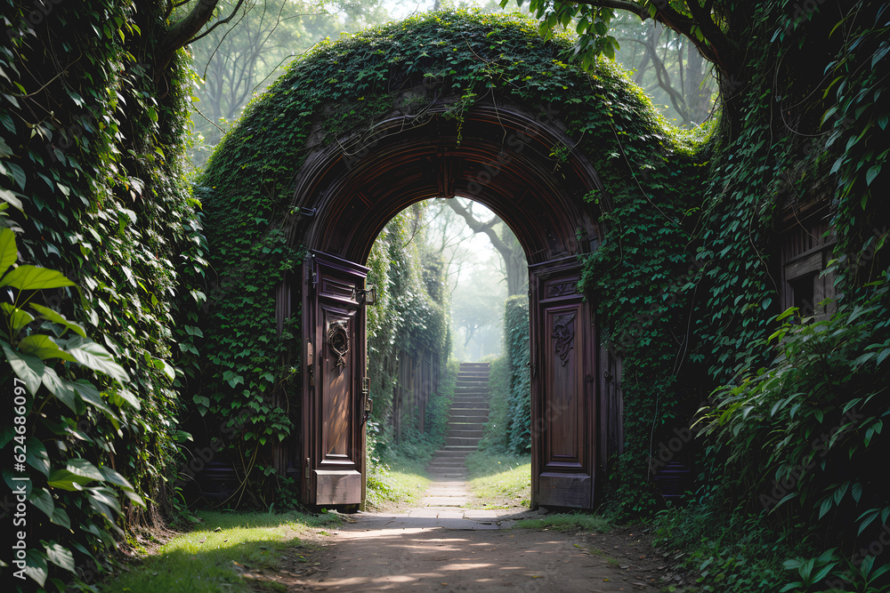 An enigmatic door awaits at the end of a path, adorned with overgrown plant vines
