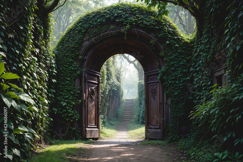 An enigmatic door awaits at the end of a path  adorned with overgrown plant vines